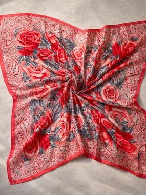 Honey 100% Silk Scarf Red Floral Paisley Large Square Japan
